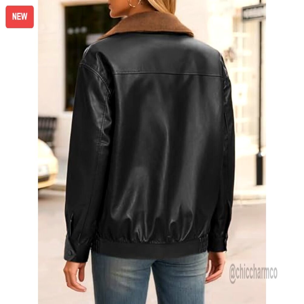 Oversized Bomber Leather Jacket Motorcycle Zip Up Trendy Chic Y2K - Picture 4 of 7
